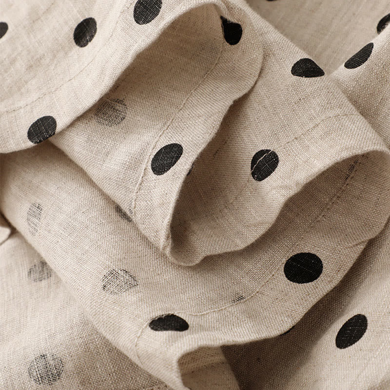 Buddha Stones Summer Polka Dot V-Neck Lace-up Cotton Linen Women's Midi Dress With Pockets - image 18