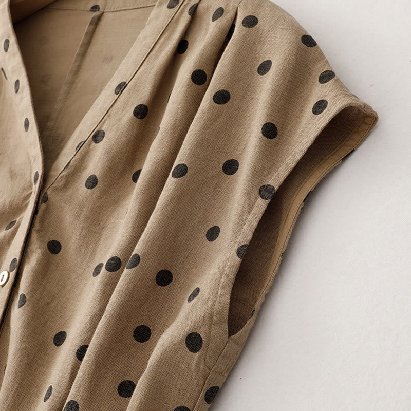 Buddha Stones Summer Polka Dot V-Neck Lace-up Cotton Linen Women's Midi Dress With Pockets - image 3