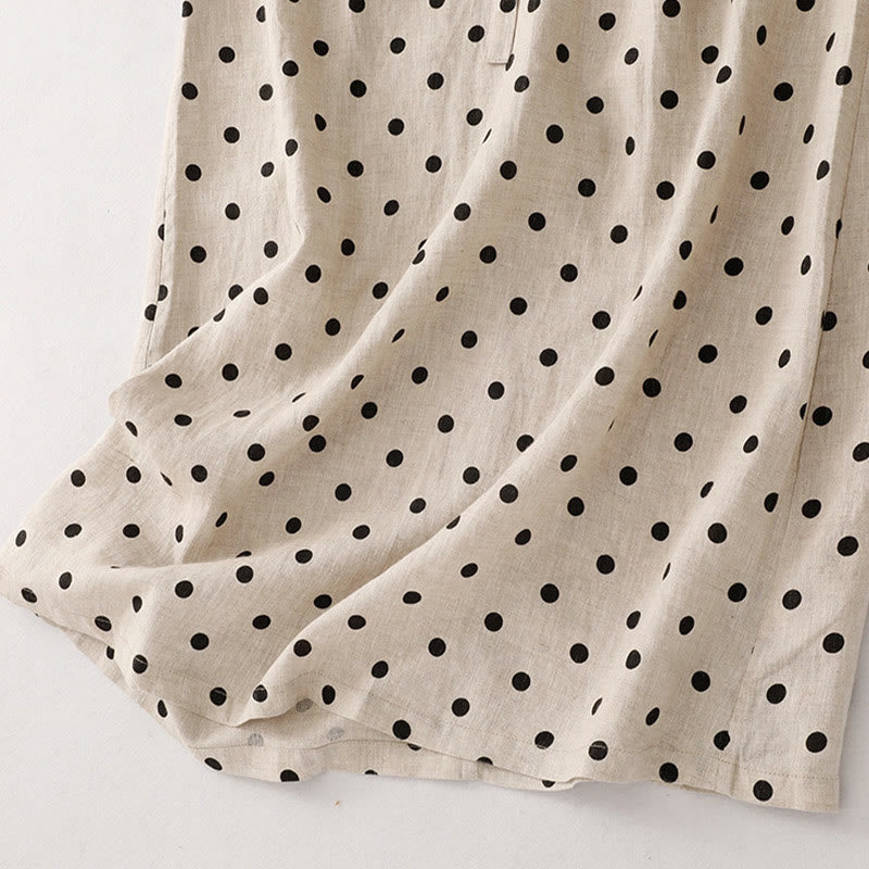 Buddha Stones Summer Polka Dot V-Neck Lace-up Cotton Linen Women's Midi Dress With Pockets - image 16