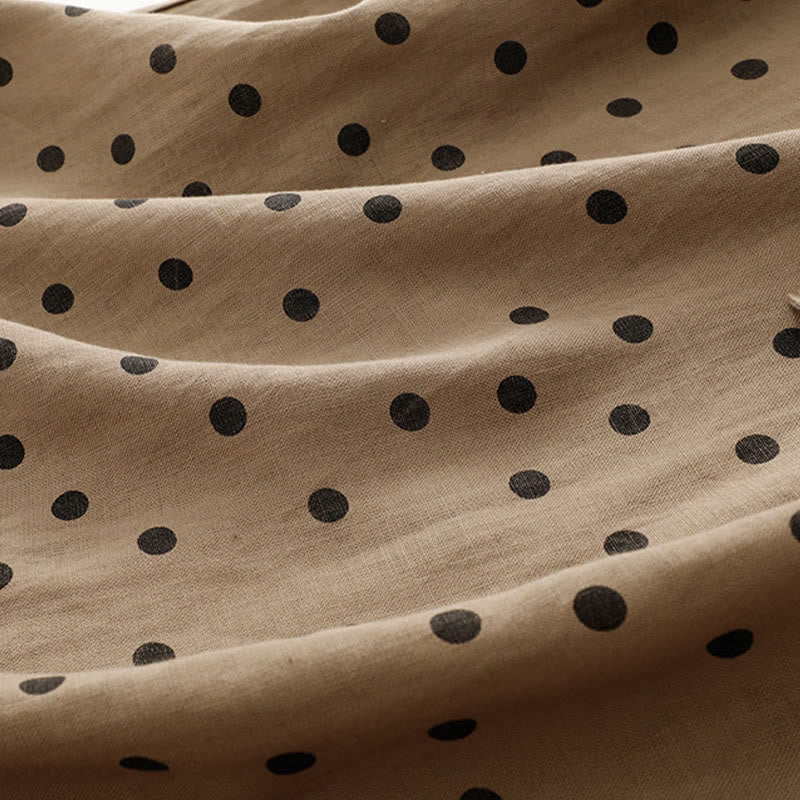 Buddha Stones Summer Polka Dot V-Neck Lace-up Cotton Linen Women's Midi Dress With Pockets - image 7