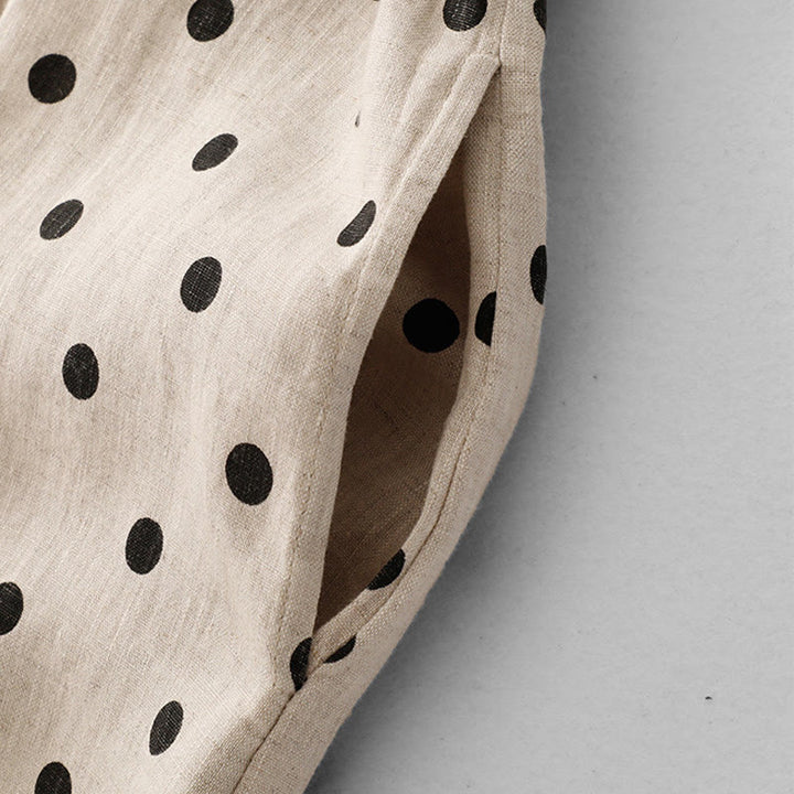 Buddha Stones Summer Polka Dot V-Neck Lace-up Cotton Linen Women's Midi Dress With Pockets - image 12