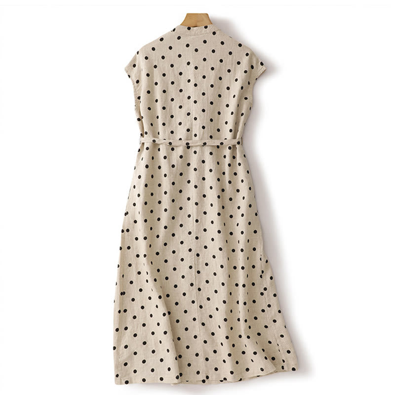 Buddha Stones Summer Polka Dot V-Neck Lace-up Cotton Linen Women's Midi Dress With Pockets - image 9
