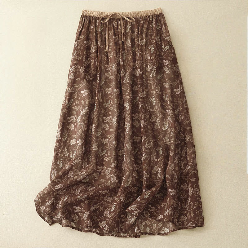 Buddha Stones Floral A-line Elastic Waist Cotton Linen Women's Skirt With Pockets - SaddleBrown - US8-10,UK/AU12-14,EU40-42 (2XL) - image 0