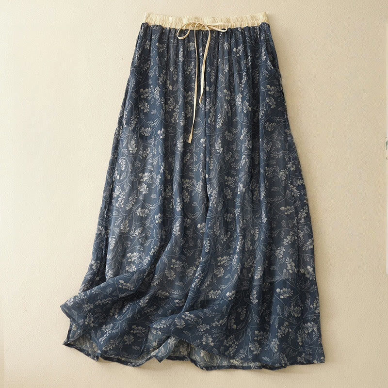 Buddha Stones Floral A-line Elastic Waist Cotton Linen Women's Skirt With Pockets - SteelBlue - US8-10,UK/AU12-14,EU40-42 (2XL) - image 11