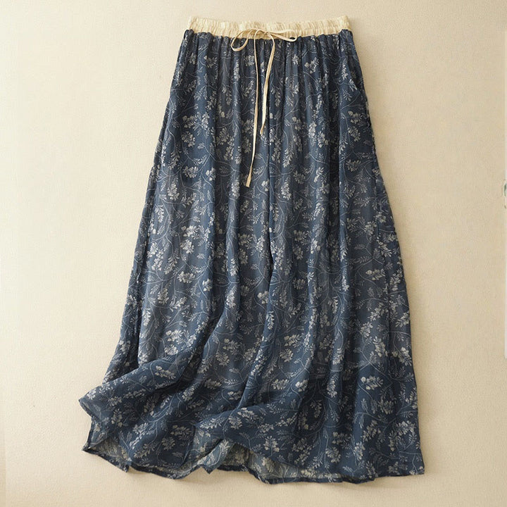 Buddha Stones Floral A-line Elastic Waist Cotton Linen Women's Skirt With Pockets - SteelBlue - US8-10,UK/AU12-14,EU40-42 (2XL) - image 11