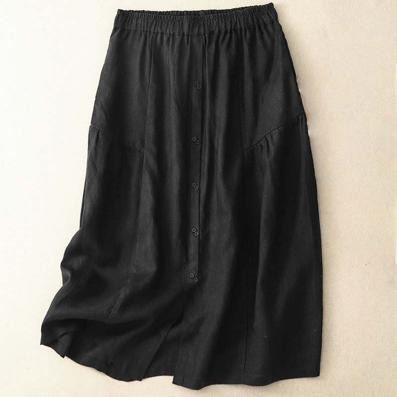Buddha Stones A-line Buttons Slit Design Elastic Waist Cotton Women's Skirt With Pockets - Black - US12,UK/AU16,EU44 (2XL) - image 6
