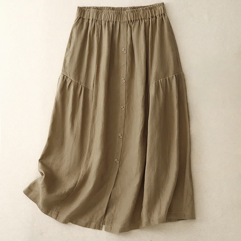 Buddha Stones A-line Buttons Slit Design Elastic Waist Cotton Women's Skirt With Pockets - Tan - US12,UK/AU16,EU44 (2XL) - image 19