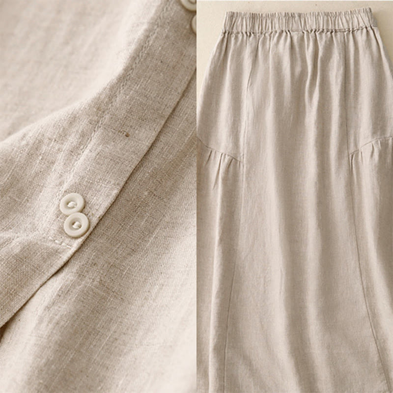 Buddha Stones A-line Buttons Slit Design Elastic Waist Cotton Women's Skirt With Pockets - image 16