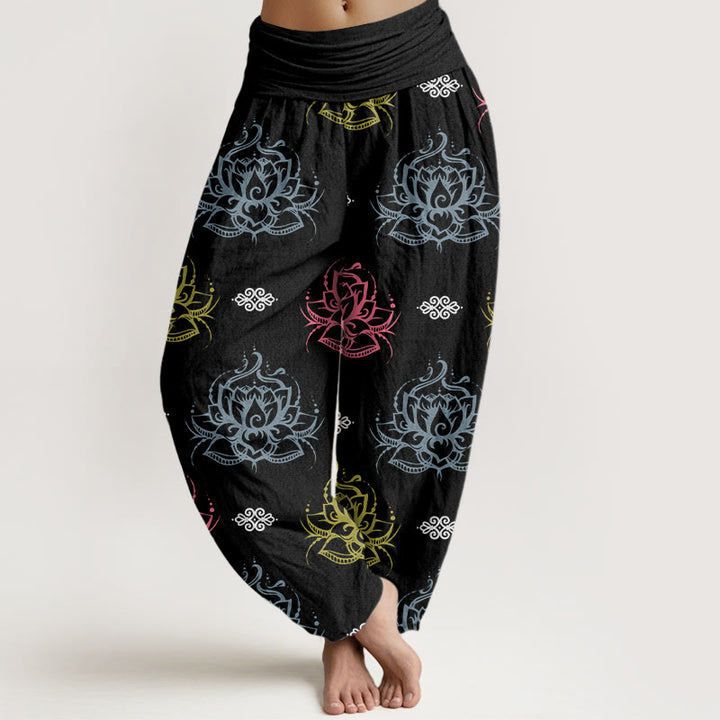 Buddha Stones Casual Various Colors Lotus Flowers Pattern Women's Harem Pants - Black - US22,UK/AU26,EU54 (6XL) - image 0