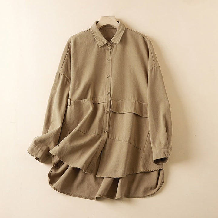 Buddha Stones Fall Irregular Design Long Sleeve Women's Cotton Linen Lapel Jacket With Pockets - Khaki - US14,UK/AU18,EU46 (2XL) - image 0