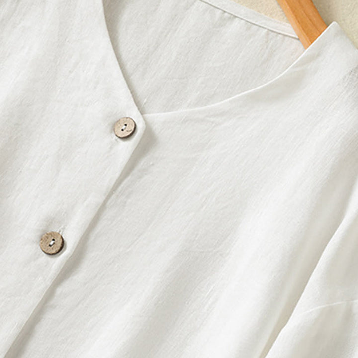 Buddha Stones Spring Plain Buttons Design V-Neck Long Sleeve Women's Cotton Linen Shirt - image 12