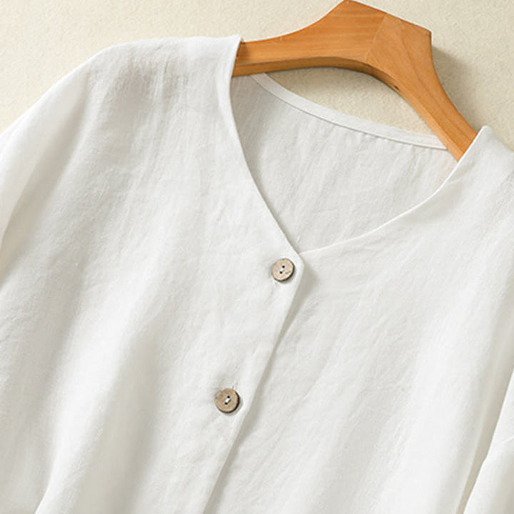 Buddha Stones Spring Plain Buttons Design V-Neck Long Sleeve Women's Cotton Linen Shirt - image 11