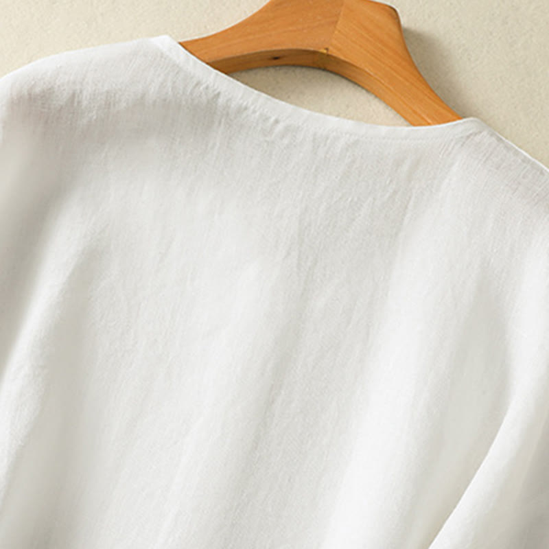 Buddha Stones Spring Plain Buttons Design V-Neck Long Sleeve Women's Cotton Linen Shirt - image 13