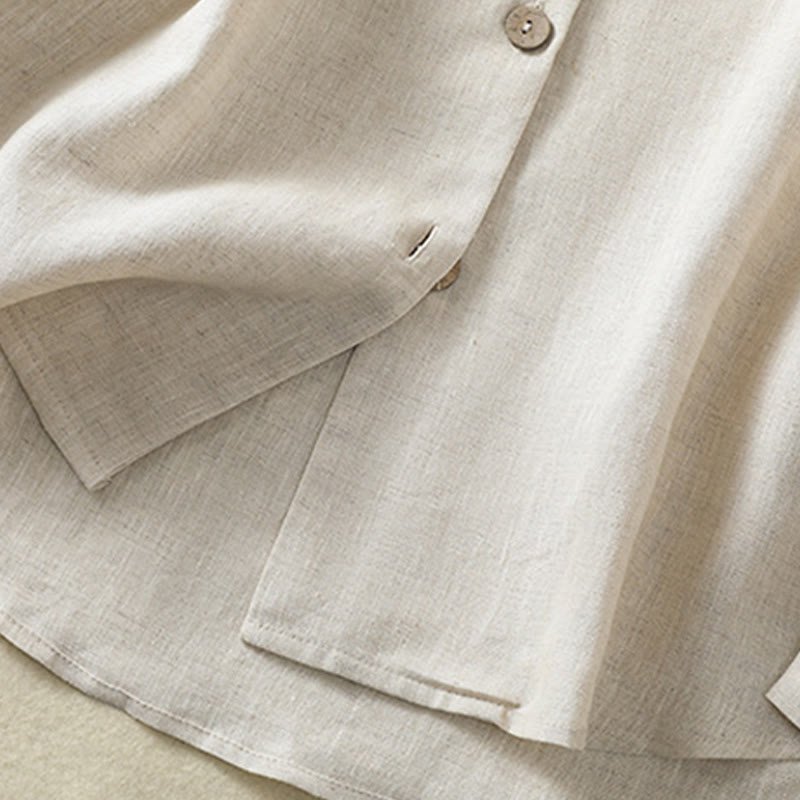 Buddha Stones Spring Plain Buttons Design V-Neck Long Sleeve Women's Cotton Linen Shirt - image 6