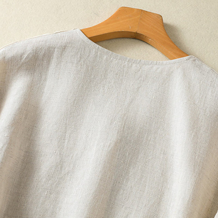 Buddha Stones Spring Plain Buttons Design V-Neck Long Sleeve Women's Cotton Linen Shirt - image 4