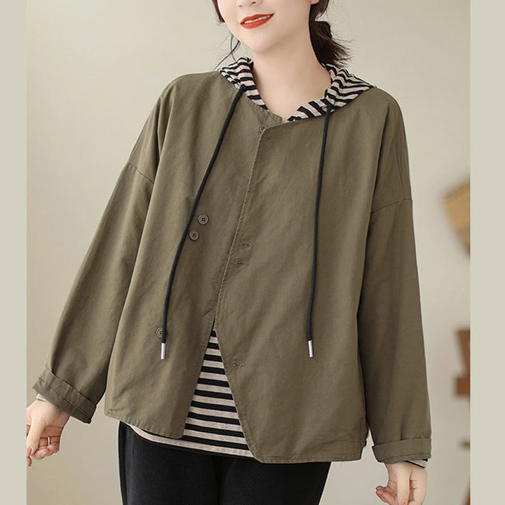 Buddha Stones Spring Plain Asymmetry Design Long Sleeve Women's Cotton Linen Jacket With Pockets - Olive - US12,UK/AU16,EU44 (2XL) - image 11