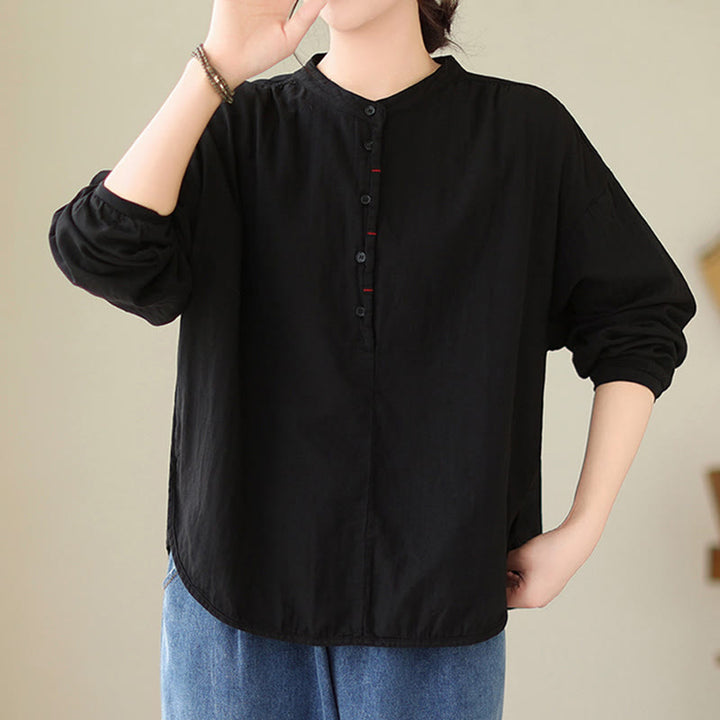 Buddha Stones Commute Spring Plain Half Buttons Simple Design Women's Cotton Linen Long Sleeve Shirt - image 2