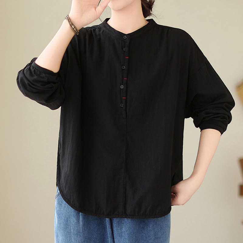 Buddha Stones Commute Spring Plain Half Buttons Simple Design Women's Cotton Linen Long Sleeve Shirt - image 2