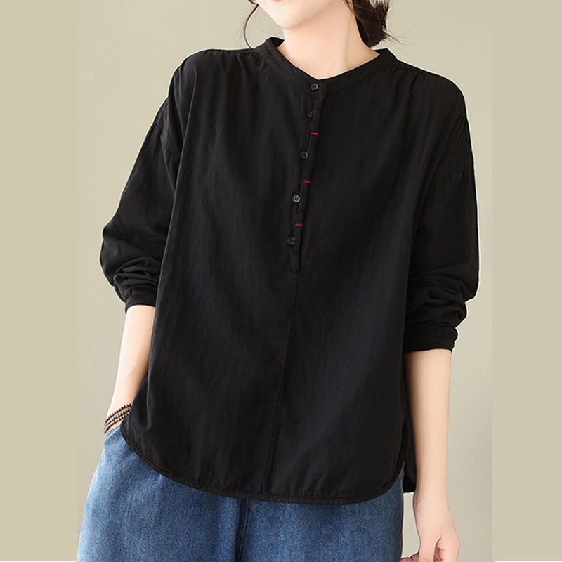Buddha Stones Commute Spring Plain Half Buttons Simple Design Women's Cotton Linen Long Sleeve Shirt - image 1