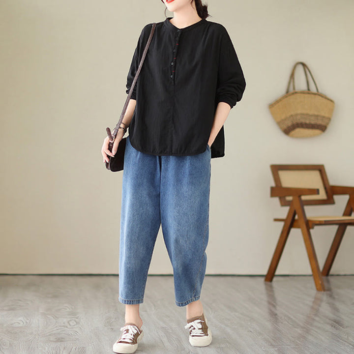 Buddha Stones Commute Spring Plain Half Buttons Simple Design Women's Cotton Linen Long Sleeve Shirt - image 5