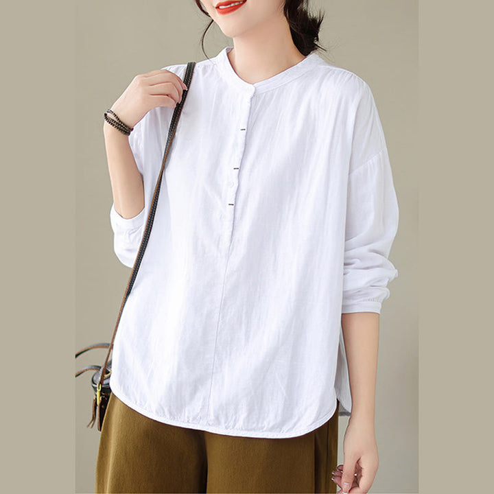 Buddha Stones Commute Spring Plain Half Buttons Simple Design Women's Cotton Linen Long Sleeve Shirt - image 9