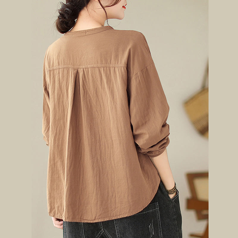 Buddha Stones Commute Spring Plain Half Buttons Simple Design Women's Cotton Linen Long Sleeve Shirt - image 14