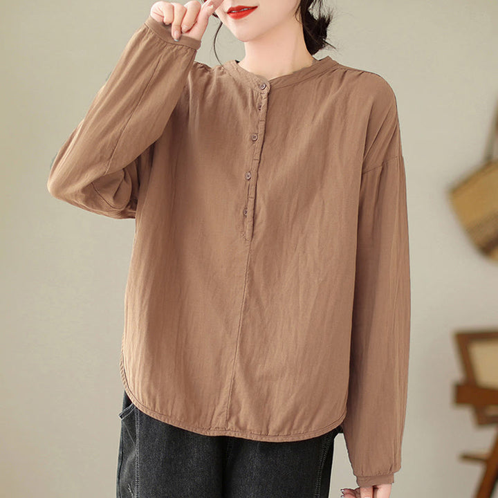 Buddha Stones Commute Spring Plain Half Buttons Simple Design Women's Cotton Linen Long Sleeve Shirt - SandyBrown - US12,UK/AU16,EU44 (2XL) - image 11