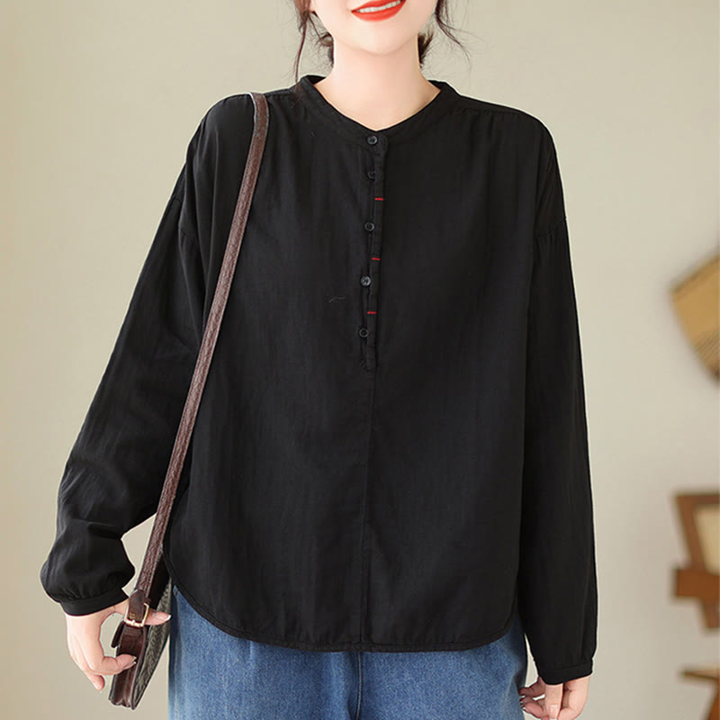 Buddha Stones Commute Spring Plain Half Buttons Simple Design Women's Cotton Linen Long Sleeve Shirt - image 3