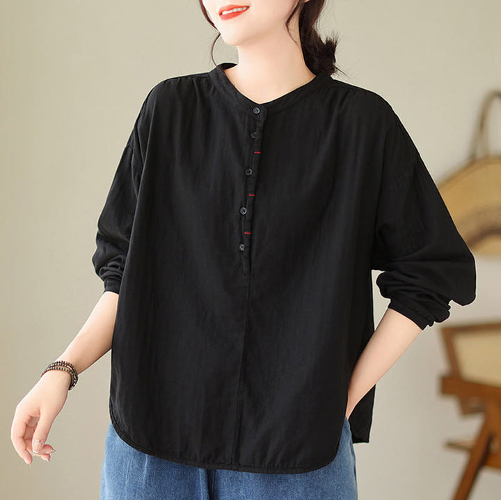Buddha Stones Commute Spring Plain Half Buttons Simple Design Women's Cotton Linen Long Sleeve Shirt - Black - US12,UK/AU16,EU44 (2XL) - image 0