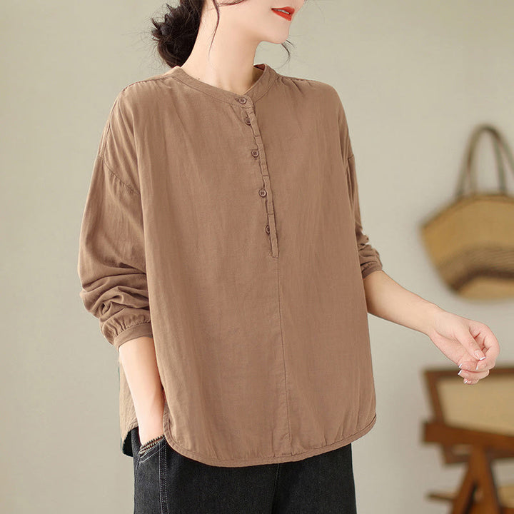 Buddha Stones Commute Spring Plain Half Buttons Simple Design Women's Cotton Linen Long Sleeve Shirt - image 12