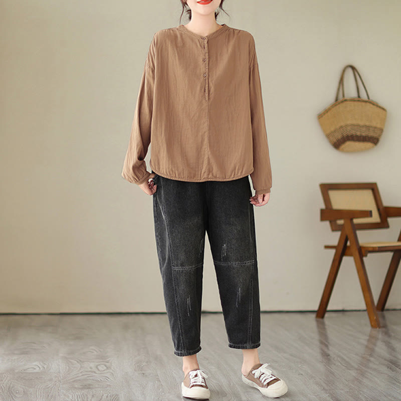 Buddha Stones Commute Spring Plain Half Buttons Simple Design Women's Cotton Linen Long Sleeve Shirt - image 15