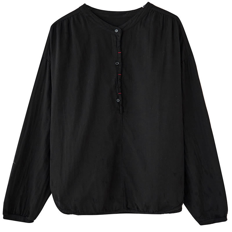 Buddha Stones Commute Spring Plain Half Buttons Simple Design Women's Cotton Linen Long Sleeve Shirt - image 6