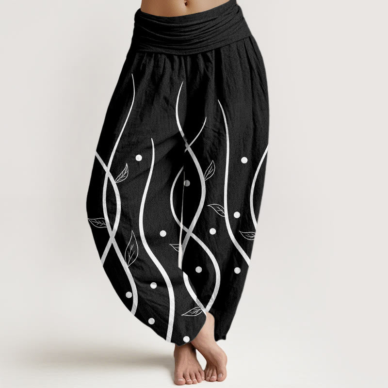 Buddha Stones Casual Minimalist Vine Leaf Pattern Women's Elastic Waist Harem Pants - Black - US22,UK/AU26,EU54 (6XL) - image 4