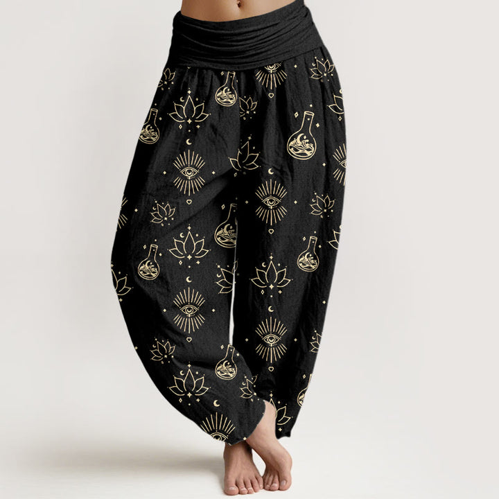 Buddha Stones Casual Lotus Eye Of Horus Pattern Women's Elastic Waist Harem Pants - Black - US22,UK/AU26,EU54 (6XL) - image 0