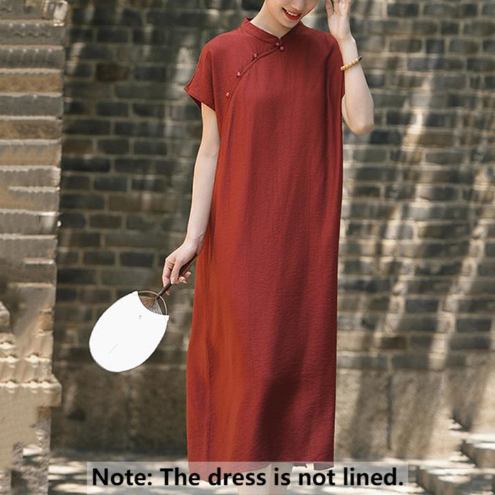 Buddha Stones Plain Cheongsam Lace-Up Design Cotton Linen Short Sleeve Midi Dress - image 1
