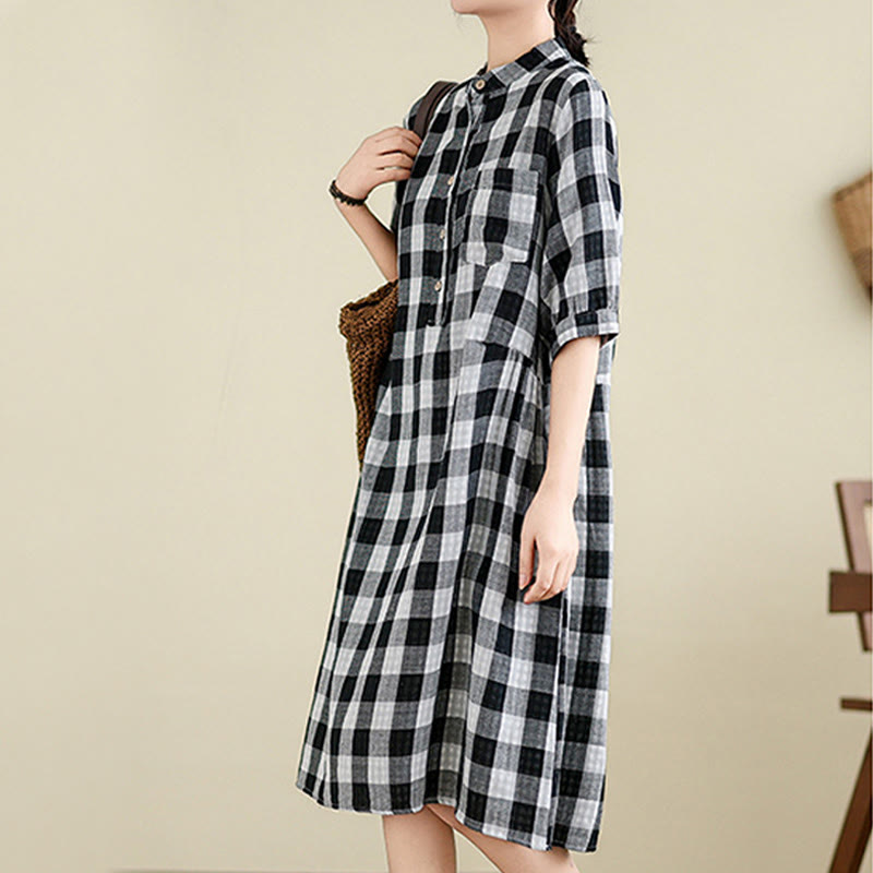 Buddha Stones Plaid Pattern Half Sleeve Cotton Linen Midi Dress With Pockets - image 12