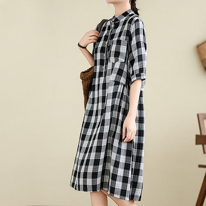 Buddha Stones Plaid Pattern Half Sleeve Cotton Linen Midi Dress With Pockets - image 12