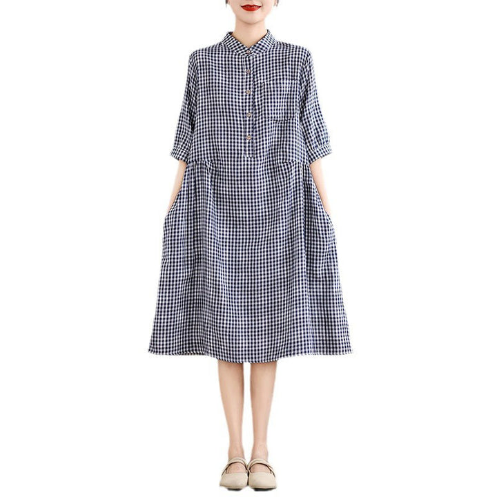 Buddha Stones Plaid Pattern Half Sleeve Cotton Linen Midi Dress With Pockets - image 6