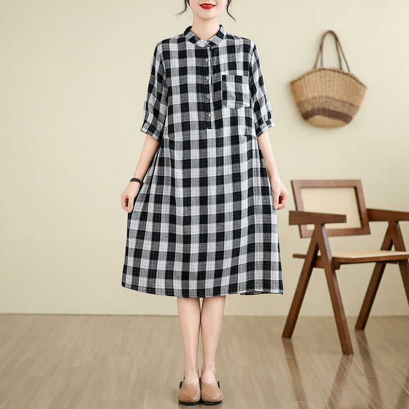 Buddha Stones Plaid Pattern Half Sleeve Cotton Linen Midi Dress With Pockets - Black(large grid) - US8-10,UK/AU12-14,EU40-42 (2XL) - image 7