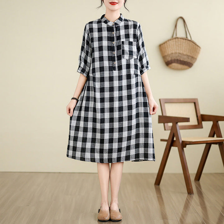 Buddha Stones Plaid Pattern Half Sleeve Cotton Linen Midi Dress With Pockets - Black(large grid) - US8-10,UK/AU12-14,EU40-42 (2XL) - image 7