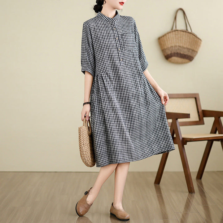Buddha Stones Plaid Pattern Half Sleeve Cotton Linen Midi Dress With Pockets - Black(Small grid) - US8-10,UK/AU12-14,EU40-42 (2XL) - image 0