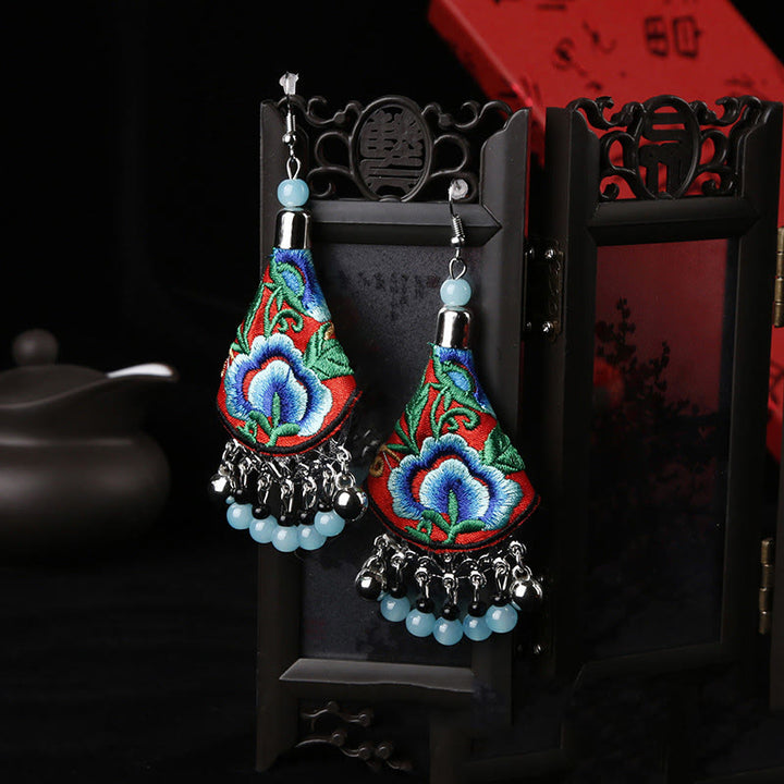 Buddha Stones Handmade Yi Embroidery Flower Harmony Earrings - Red & Blue Flower(Alloy Posts) - image 1