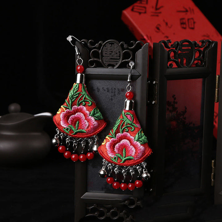 Buddha Stones Handmade Yi Embroidery Flower Harmony Earrings - Red & Red Flower(Alloy Posts) - image 3