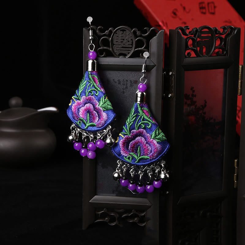 Buddha Stones Handmade Yi Embroidery Flower Harmony Earrings - Blue & Purple Flower(Alloy Posts) - image 2