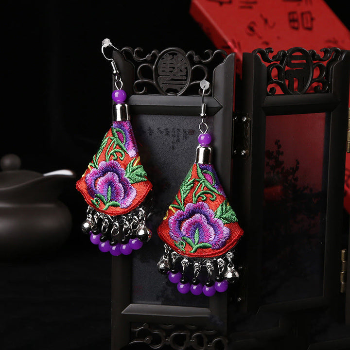 Buddha Stones Handmade Yi Embroidery Flower Harmony Earrings - Red & Purple Flower(Alloy Posts) - image 5