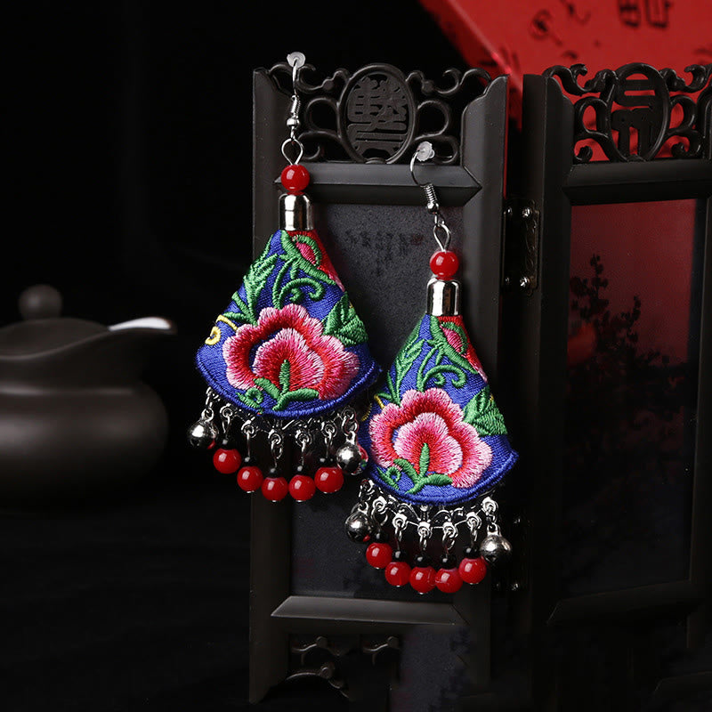 Buddha Stones Handmade Yi Embroidery Flower Harmony Earrings - Blue & Red Flower(Alloy Posts) - image 6