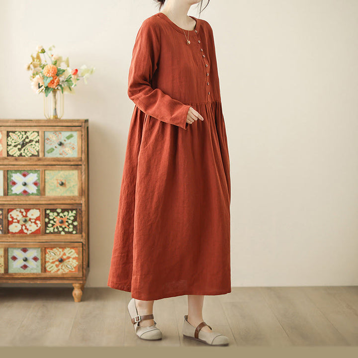 Buddha Stones OrangeRed Lace-Up Design Long Sleeve Cotton Midi Dress With Pockets - image 3