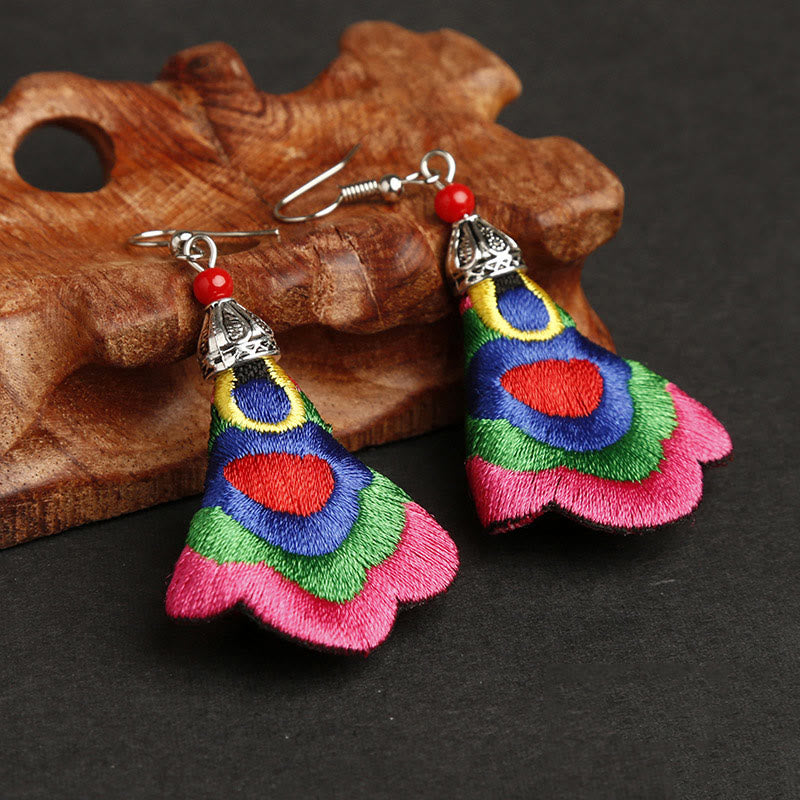 Buddha Stones Handmade Colorful Yi Embroidery Harmony Earrings - Outermost Color-Rose Red(Alloy Posts) - image 5