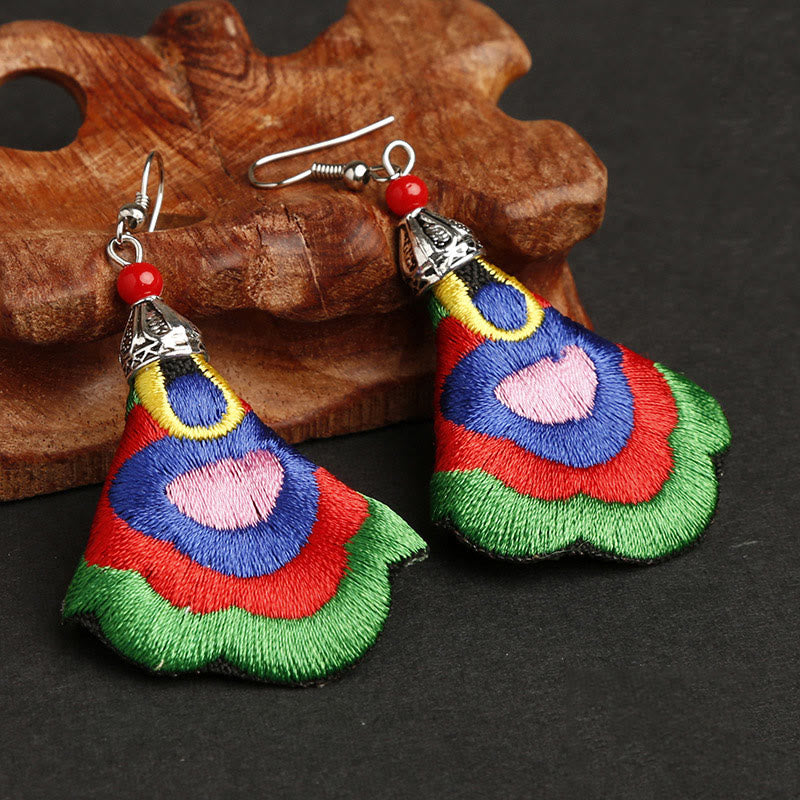 Buddha Stones Handmade Colorful Yi Embroidery Harmony Earrings - Outermost Color-Green(Alloy Posts) - image 2