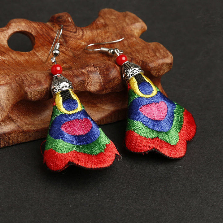 Buddha Stones Handmade Colorful Yi Embroidery Harmony Earrings - Outermost Color-Red(Alloy Posts) - image 0